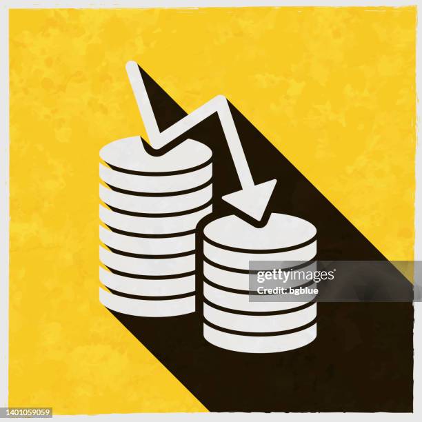 money decrease. icon with long shadow on textured yellow background - copper texture background stock illustrations