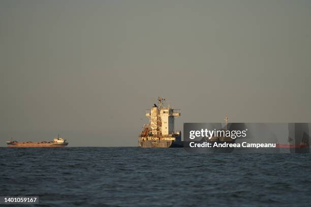 Cargo ships wait in the Black Sea to enter the Sulina canal on June 4, 2022 in Sulina, Romania. Ships wait in the Black Sea to enter the Sulina...