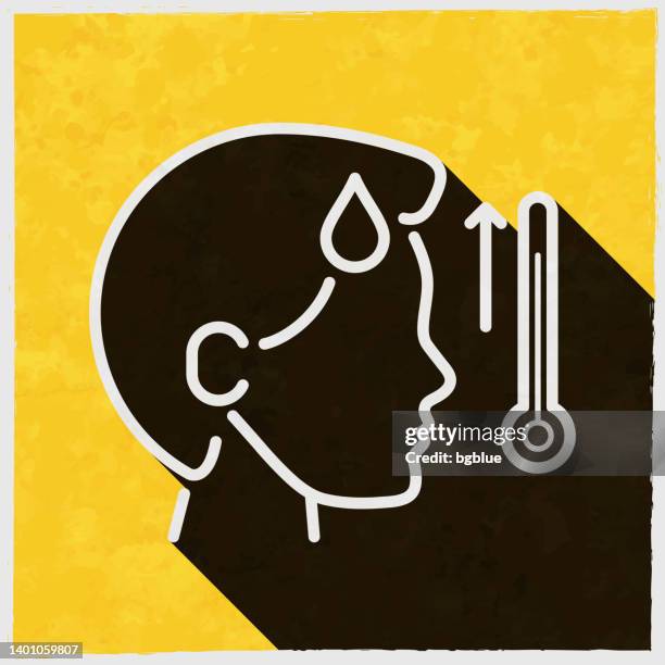 person with high temperature. icon with long shadow on textured yellow background - checking temperature stock illustrations