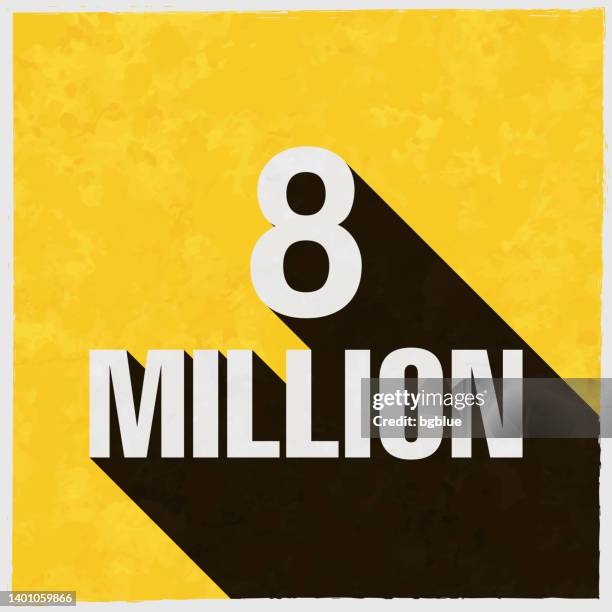 8 millionen. symbol mit langem schatten auf strukturiertem gelbem hintergrund - millionnaire stock-grafiken, -clipart, -cartoons und -symbole