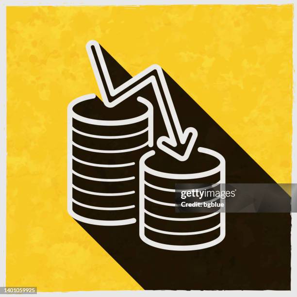 money decrease. icon with long shadow on textured yellow background - token number stock illustrations
