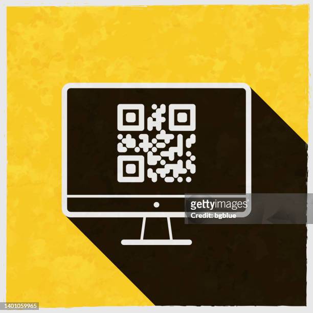 ilustrações de stock, clip art, desenhos animados e ícones de desktop computer with qr code. icon with long shadow on textured yellow background - papers scanning to digital vector