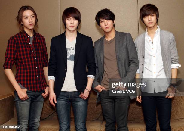 Lee Jung Shin, Lee Jong Hyun, Jung Yong Hwa and Kang Min Hyuk of South Korean boy band CNBLUE attend a press conference at Far Eastern Hotel on...