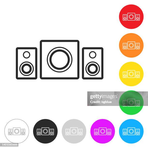 speaker sound system with subwoofer. icon on colorful buttons - stereo amplifier stock illustrations