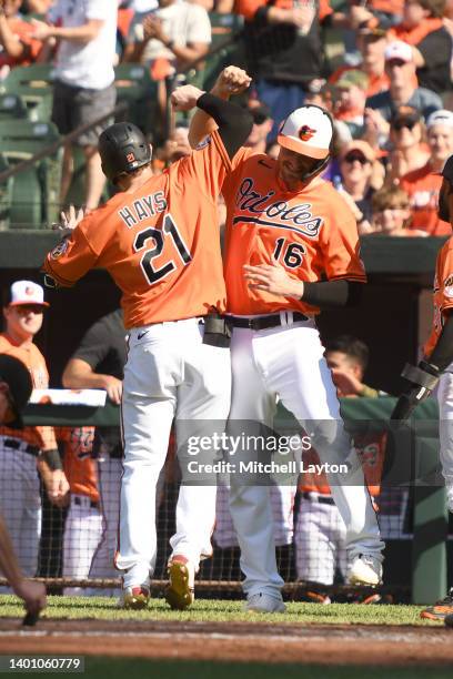 Austin Hays of the Baltimore Orioles celebrates a three run home run with Trey Mancini in the third inning during a baseball game against the...