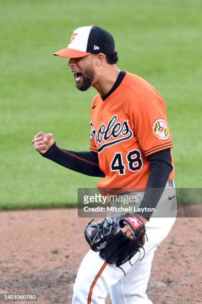 Jorge Lopez of the Baltimore Orioles celebrates a win after a baseball game against the Cleveland Guardians at Oriole Park at Camden Yards on June 4,...