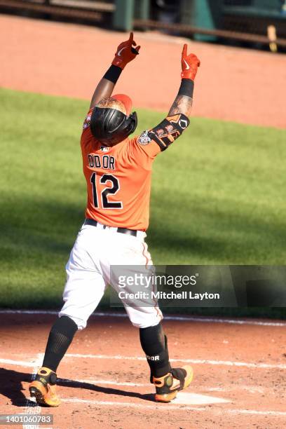 Rougned Odor of the Baltimore Orioles celebrates a solo home run in the forth inning during a baseball game against the Cleveland Guardians at Oriole...
