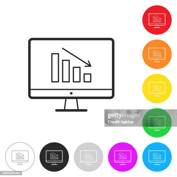 decreasing chart on desktop computer. icon on colorful buttons - smash computer stock illustrations