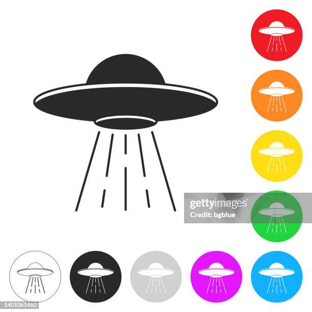 ufo - flying saucer with light beam. icon on colorful buttons - saucer stock illustrations