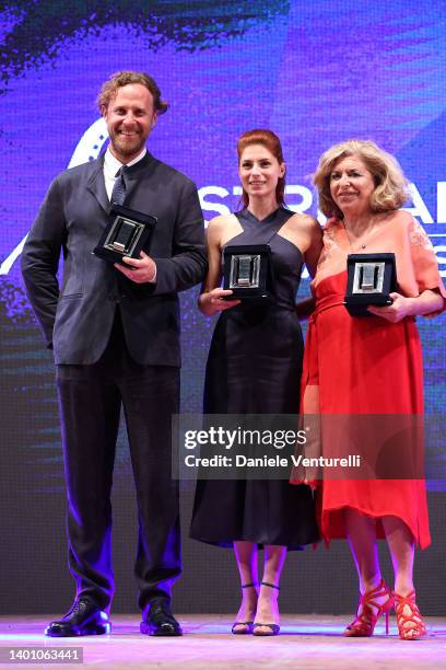 Jan Michelini, Maria Chiara Giannetta and Matilde Bernabei are awarded during the Nastri D'Argento "Grandi Serie" 2022 awards ceremony on June 04,...