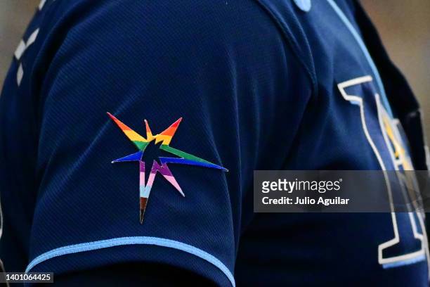 Detail of the Tampa Bay Rays pride burst logo celebrating Pride Month during a game against the Chicago White Sox at Tropicana Field on June 04, 2022...