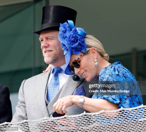 Mike Tindall and Zara Tindall watch the racing from the royal box as they attend The Epsom Derby at Epsom Racecourse on June 4, 2022 in Epsom,...