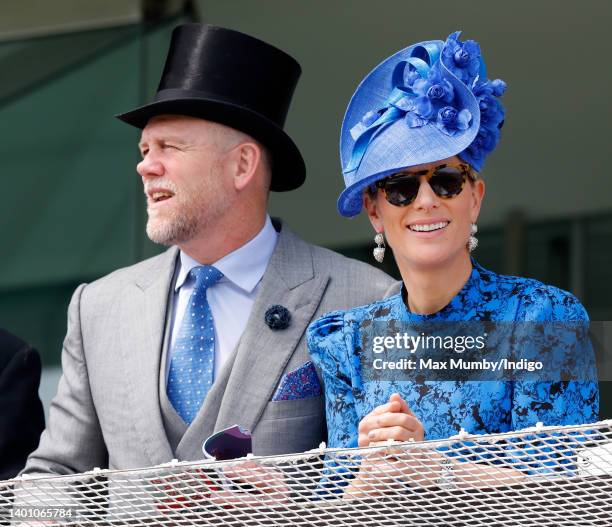 Mike Tindall and Zara Tindall watch the racing from the royal box as they attend The Epsom Derby at Epsom Racecourse on June 4, 2022 in Epsom,...