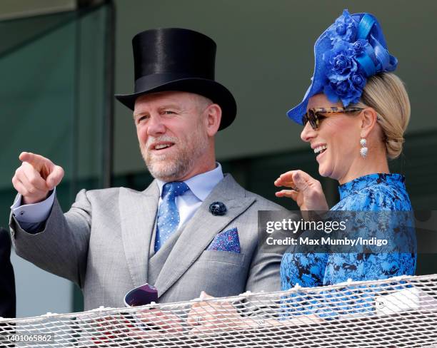 Mike Tindall and Zara Tindall watch the racing from the royal box as they attend The Epsom Derby at Epsom Racecourse on June 4, 2022 in Epsom,...