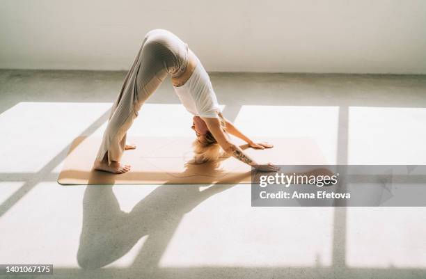 beautiful authentic woman with tattoos and short blond hair is doing yoga in downward facing dog position on yoga mat in front of a window. she is wearing a light-colored casual clothing. concept of relaxation exercises - downward facing dog position stock pictures, royalty-free photos & images