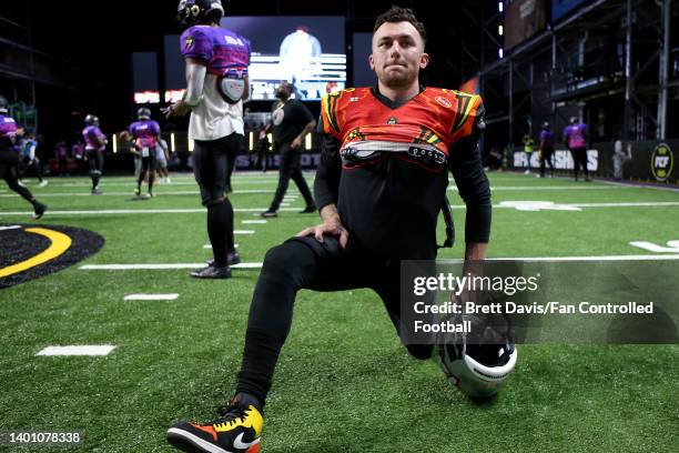 Johnny Manziel of the Zappers warms up prior to playing the Shoulda Been Stars during Fan Controlled Football Season v2.0 - Playoffs on June 04, 2022...