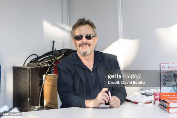 Singer Miguel Bose at one of the booths of the 2022 Book Fair, in El Retiro Park, on June 04, 2022 in Madrid, Spain. The Madrid Book Fair 2022 will...