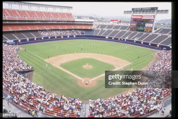 General view of a game between the Houston Astros and the San Diego Padres at Jack Murphy Stadium in San Diego, California.