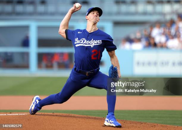 Walker Buehler of the Los Angeles Dodgers delivers a pitch during the first inning against the New York Mets at Dodger Stadium on June 04, 2022 in...