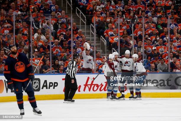 Valeri Nichushkin of the Colorado Avalanche celebrates his second period goal with teammates against the Edmonton Oilers in Game Three of the Western...