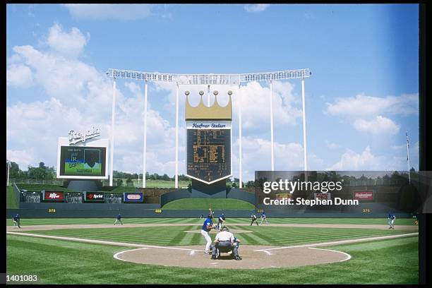 General view of action during a game between the Toronto Blue Jays and the Kansas City Royals at Kauffman Stadium in Kansas City, Missouri. The...