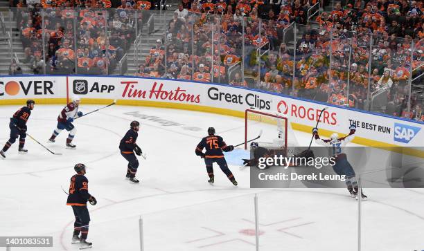 Valeri Nichushkin of the Colorado Avalanche celebrates his second period goal against Mike Smith of the Edmonton Oilers in Game Three of the Western...