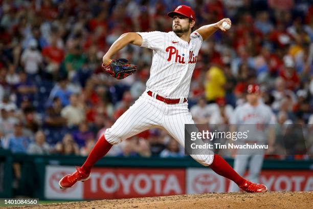 Brad Hand of the Philadelphia Phillies pitches during the seventh inning against the Los Angeles Angels at Citizens Bank Park on June 04, 2022 in...