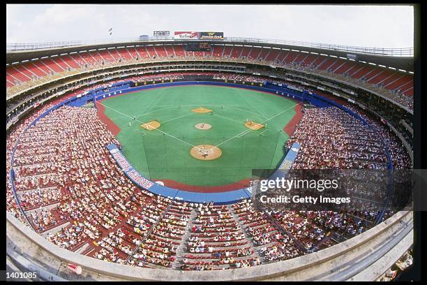 General view of action between the San Diego Padres and the Pittsburgh Pirates at Three Rivers Stadium in Pittsburgh, Pennsylvania.