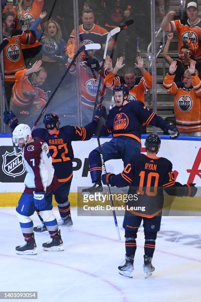 Ryan McLeod of the Edmonton Oilers celebrates scoring in the third period against the Colorado Avalanche in Game Three of the Western Conference...