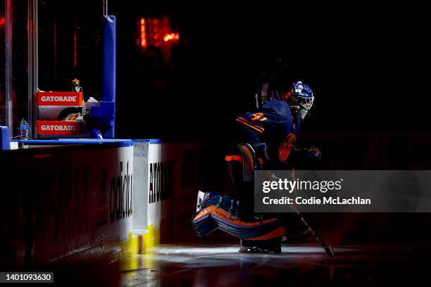 Goalie Mike Smith of the Edmonton Oilers takes the ice at the start of the third period against the Colorado Avalanche in Game Three of the Western...