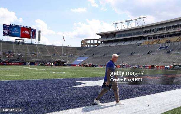Daryl Johnston, Executive Vice President of USFL Football Operations, walks the field before the game between the New Orleans Breakers and the...