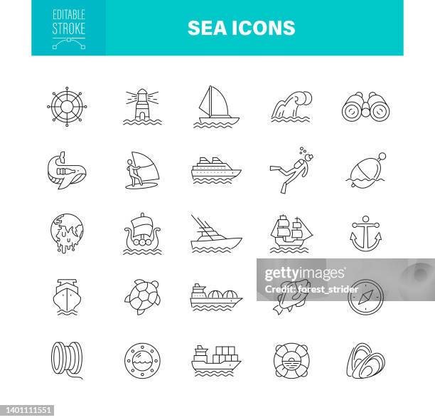 illustrazioni stock, clip art, cartoni animati e icone di tendenza di tratto modificabile delle icone del mare. contiene icone come nave nautica, industria della pesca, marinaio, faro, ruota - muta da sub