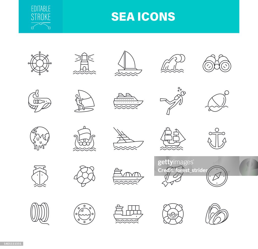 海のアイコン編集可能なストローク。航海船、漁業、船員、灯台、ホイールなどのアイコンが含まれています