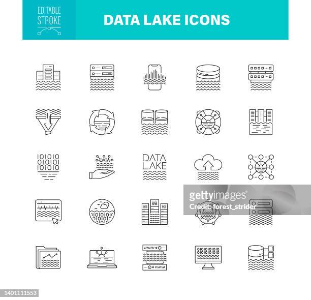illustrazioni stock, clip art, cartoni animati e icone di tendenza di traccia modificabile delle icone di data lake. contiene icone come flusso di dati, cloud computing, analisi dei dati, data center - lake