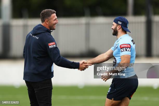 Sam Burgess talks to James Tedesco during a New South Wales Blues State of Origin squad training session at Ignite HQ Centre of Excellence on June...