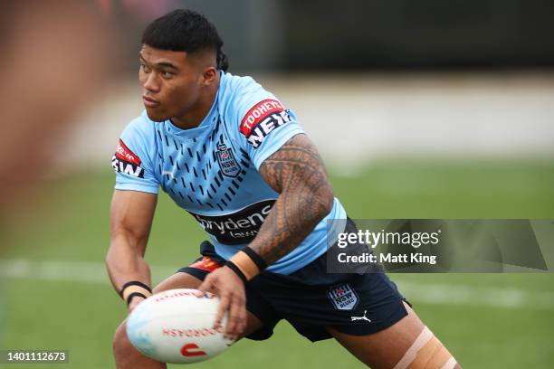 Brian To’o passes during a New South Wales Blues State of Origin squad training session at Ignite HQ Centre of Excellence on June 05, 2022 in Sydney,...