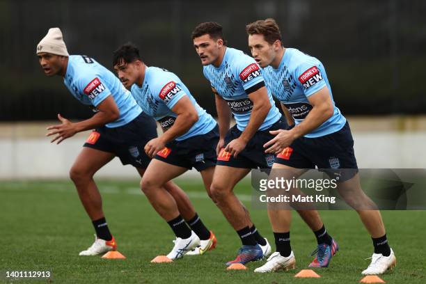 Daniel Tupou, Kotoni Staggs, Nathan Cleary and Cameron Murray take part in a drill during a New South Wales Blues State of Origin squad training...