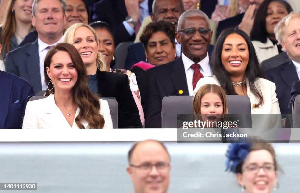 Catherine, Duchess of Cambridge and Princess Charlotte of Cambridge watch Paddington Bear and HM The Queen on screen during the Platinum Party at the...