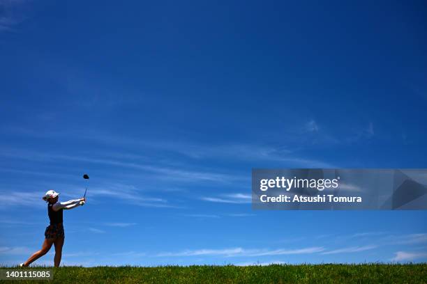 Sayaka Takahashi of Japan hits her tee shot on the 12th hole during the final round of Richard Mille Yonex Ladies at Yonex Country Club on June 5,...