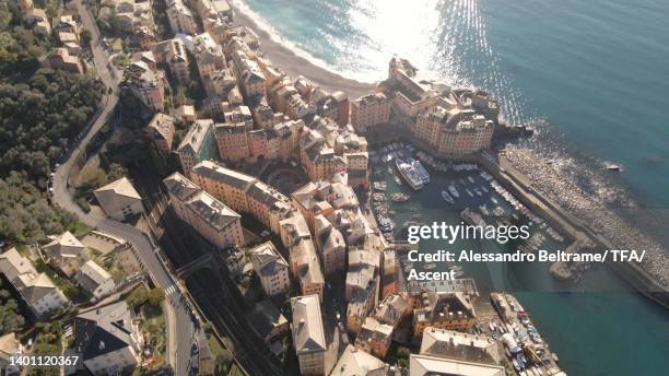 aerial scenic view of mediterranean coastline - camogli stock pictures, royalty-free photos & images