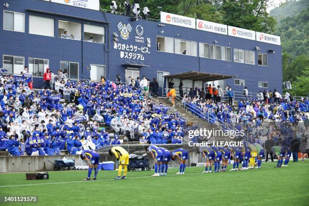 Imabari players applaud fans after their 2-0 victory in the J.LEAGUE Meiji Yasuda J3 11th Sec. Match between FC Imabari and Ehime FC at ARIGATOU...