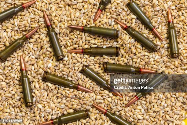 grain and cartridges of the kalashnikov assault rifle. concept of food supply crisis and global food scarcity because of war in ukraine. - industrial dispute stock pictures, royalty-free photos & images