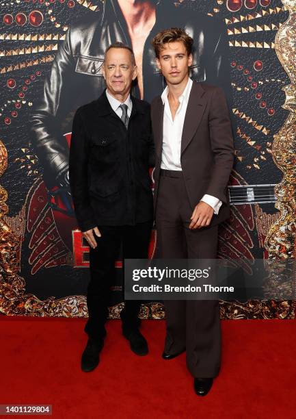 Tom Hanks and Austin Butler attend the Sydney premiere of ELVIS at the State Theatre on June 05, 2022 in Sydney, Australia.