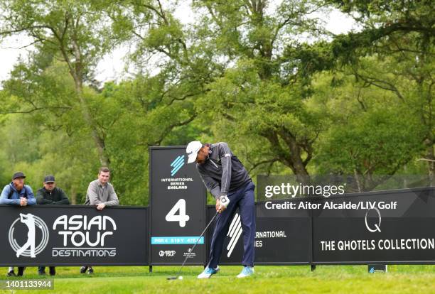 Gaganjeet Bhullar of India tees off on the 4th hole during Day Four of the International Series England at Slaley Hall on June 05, 2022 in Hexham,...