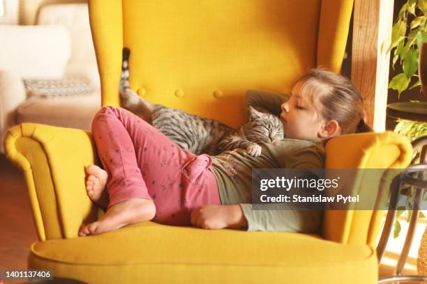 girl sleeping with her cat on chest on yellow armchair - girls cuddling cat stock pictures, royalty-free photos & images