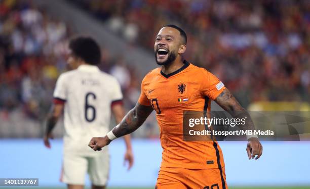 Memphis Depay of The Netherlands celebrates during the UEFA Nations League League A Group 4 match between Belgium and The Netherlands at King...