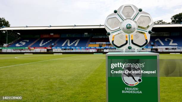 General view of the of the championship trophy of the 2. Frauen-Bundesliga prior to the 2. Frauen-Bundesliga match between SV Meppen and Borussia...