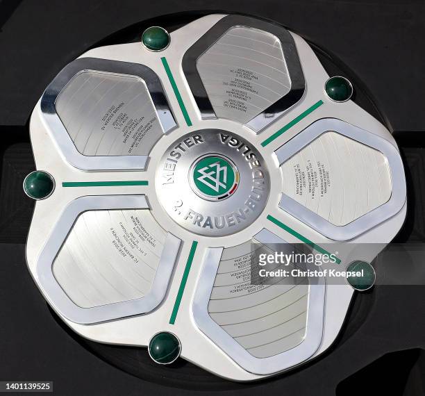 General view of the of the championship trophy of the 2. Frauen-Bundesliga prior to the 2. Frauen-Bundesliga match between SV Meppen and Borussia...