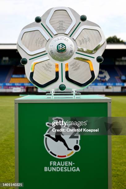 General view of the championship trophy of the 2. Frauen-Bundesliga prior to the 2. Frauen-Bundesliga match between SV Meppen and Borussia Bocholt at...