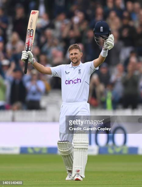 Joe Root of England celebrates after reaching his century during day four of the First LV= Insurance Test match between England and New Zealand at...